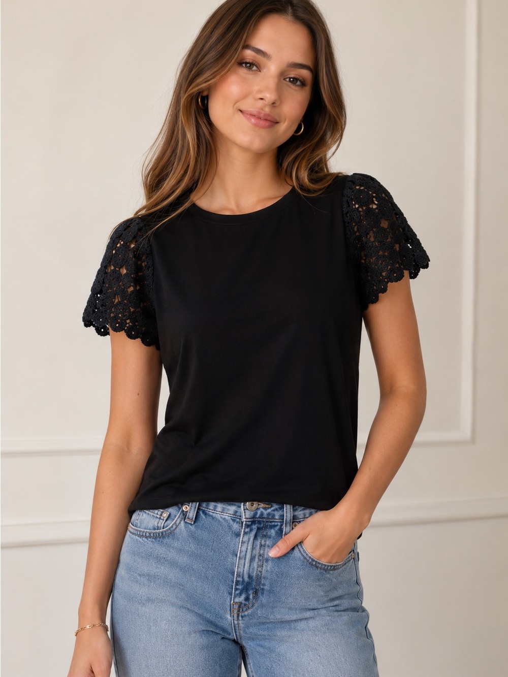 Joie Black Boho Cootagecore Short Sleeve Top with Crochet Detail. Size Small
